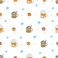 Christmas mug with drink seamless pattern background.
