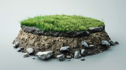 Isolated grassy patch with soil layers and rocks on a white background.