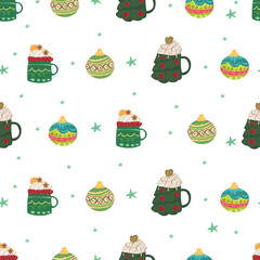 Christmas mug with drink seamless pattern background.
