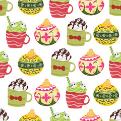 Christmas mug with drink seamless pattern background.
