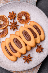 Delicious sweet crispy cookies with chocolate filling in the center
