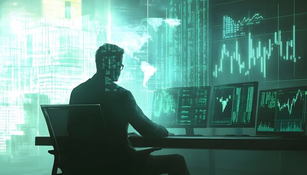 Silhouette of a Hacker in Front of Multiple Monitors Displaying Data and Charts