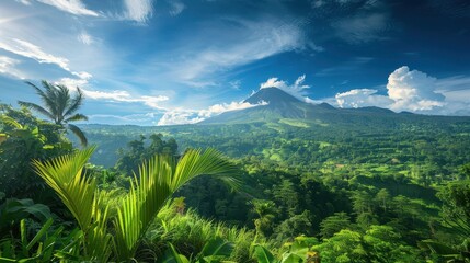 Fototapeta premium Stunning Tropical Landscape with Lush Greenery and Majestic Mountain Under a Clear Blue Sky