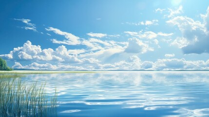 Obraz premium A bright sunny day at a clear blue lake, with fluffy clouds reflected on the water and gentle ripples in the breeze.