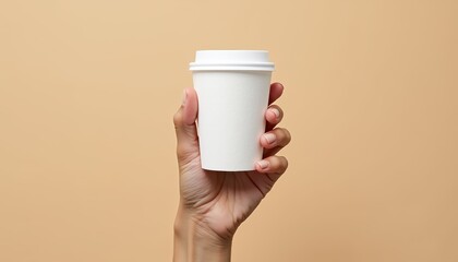 Close-up of a female hand holding a white disposable coffee cup against a beige background.