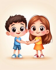 Fototapeta premium Cute illustration of two children holding hands, symbolizing friendship and joy, perfect for children's themes and family projects.