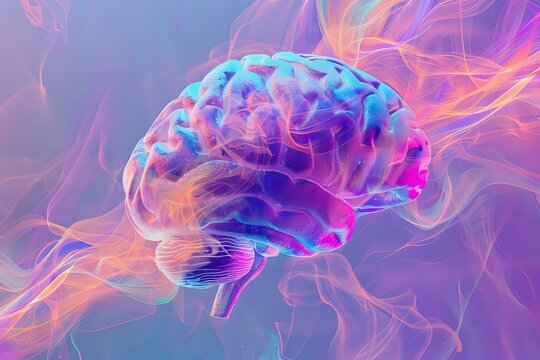 A vibrant digital representation of a brain surrounded by abstract neon flames, symbolizing creativity, intelligence, and innovation. Ideal for technology, neuroscience, and mental health