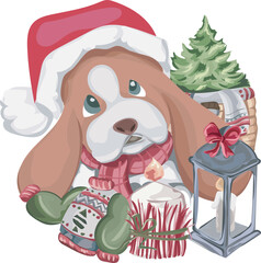 Christmas dog decoration illustration on transparent background.
