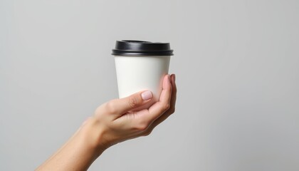 A hand holding a white paper coffee cup with a black lid against a plain gray background.