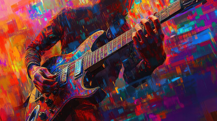 A vibrant, close-up digital painting of a musician playing an electric guitar with fiery, colorful strokes and detail.