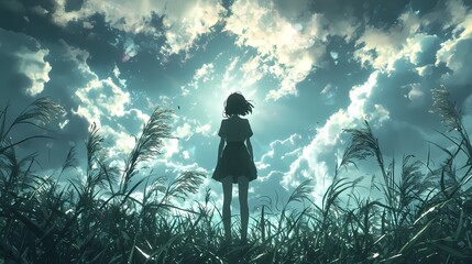 Silhouette of a young girl in a dress standing in tall grass under a dramatic sky.