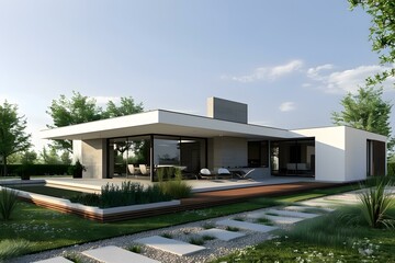 Modern Minimalist House Exterior Design with Large Windows and a Wooden Deck