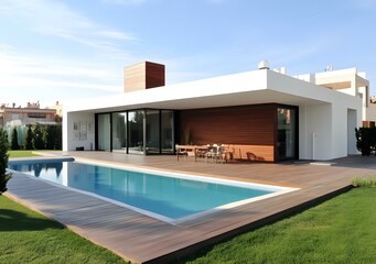 Fototapeta premium Modern House with Swimming Pool and Wooden Deck