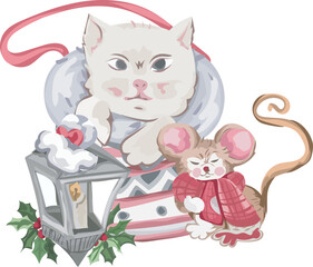 Christmas cat decoration illustration on transparent background.
