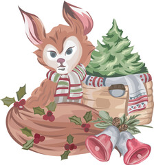 Christmas fox decoration illustration on transparent background.
