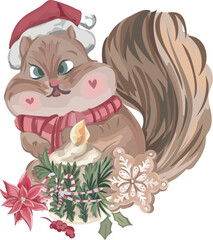 Naklejka premium Christmas squirrel decoration illustration on transparent background. 