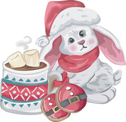 Christmas bunny decoration illustration on transparent background.
