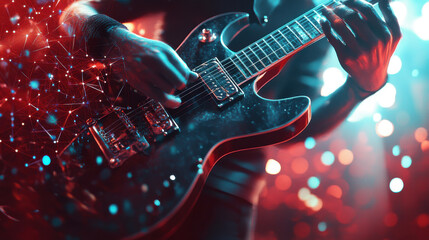 A vibrant, close-up digital painting of a musician playing an electric guitar with fiery, colorful strokes and detail.