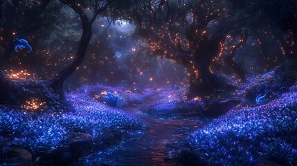 Obraz premium Fantasy forest glowing plants and mystical creatures