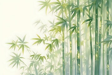 Fototapeta premium A serene illustration of bamboo stalks and leaves with soft lighting, evoking a calm and peaceful atmosphere. Ideal for nature, wellness, and relaxation-themed visuals.