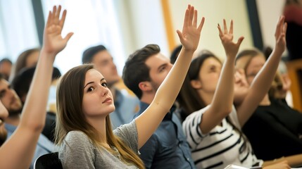 Young adults raising hands during an engaging classroom session.