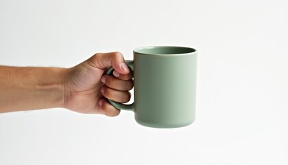 A hand holding a green ceramic mug against a plain white background.