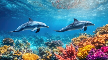 Fototapeta premium A peaceful scene of dolphins swimming near a coral reef, with vibrant marine life and colorful corals in the foreground.