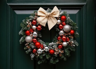 Elegant Christmas Wreath with Baubles and Bow on Green Door