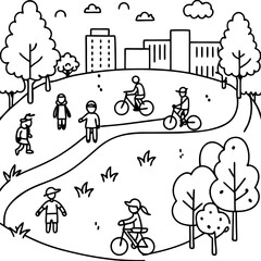 City park surrounded by traffic, kids riding bikes and walkin