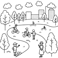 City park surrounded by traffic, kids riding bikes and walkin