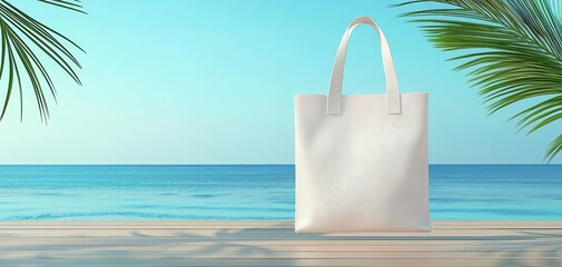 Summer beach scene, stylish tote bag on a wooden deck by the sea, 3D illustration