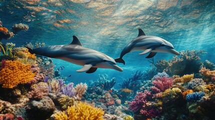 Obraz premium A peaceful scene of dolphins swimming near a coral reef, with vibrant marine life and colorful corals in the foreground.