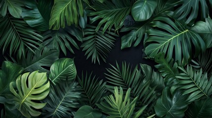 rich jungle atmosphere intricate dark green leaves tropical foliage black background immersive natural patterns