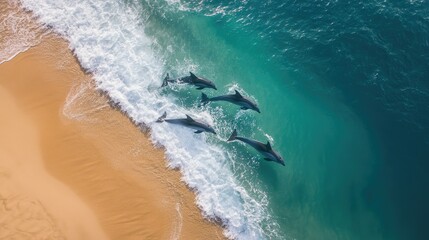 Obraz premium A pod of dolphins swimming near the shoreline, with gentle waves lapping at a sandy beach in the background.