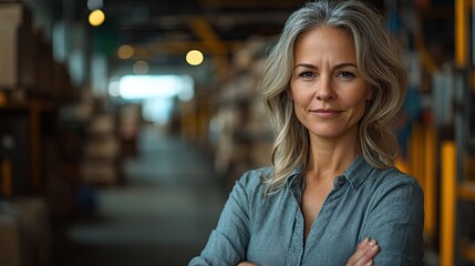 senior woman warehouse manager or supervisor arms crossed