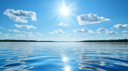 Obraz premium A bright sunny day at a clear blue lake, with fluffy clouds reflected on the water and gentle ripples in the breeze.