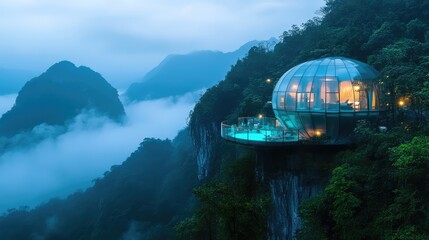 A foggy morning reveals a cliffside bubble hotel with a transparent roof, glowing neon lights, and light blue glass walls, nestled among green mountains and trees