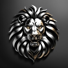 Obraz premium 3D Metallic Lion Head with a Silver and Gold Finish.