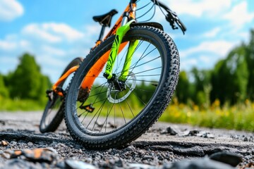Fototapeta premium Accident, bicycle crash, uneven pavement causes a rider to lose control and fall