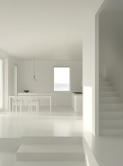 Fototapeta premium Minimalist White Kitchen Interior Design with Stairs