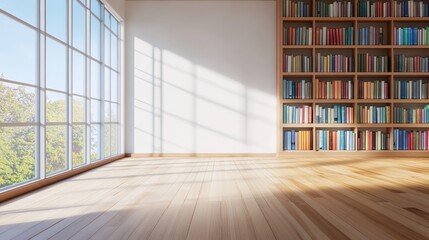 A bright, minimalistic room with large windows and a bookshelf filled with colorful books.