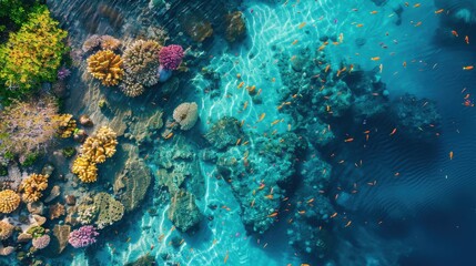 Naklejka premium Aerial View of Vibrant Coral Reef with Colorful Fish in Crystal Clear Turquoise Water