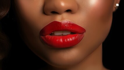 Fototapeta premium Makeup of a girl, emphasis on brightly painted lips. Beautiful lips of a woman with red lipstick, close-up.