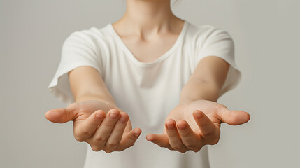 Young woman spreads her left and right hands on a white background.