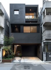 Modern Black House with Balcony and Stone Pathway