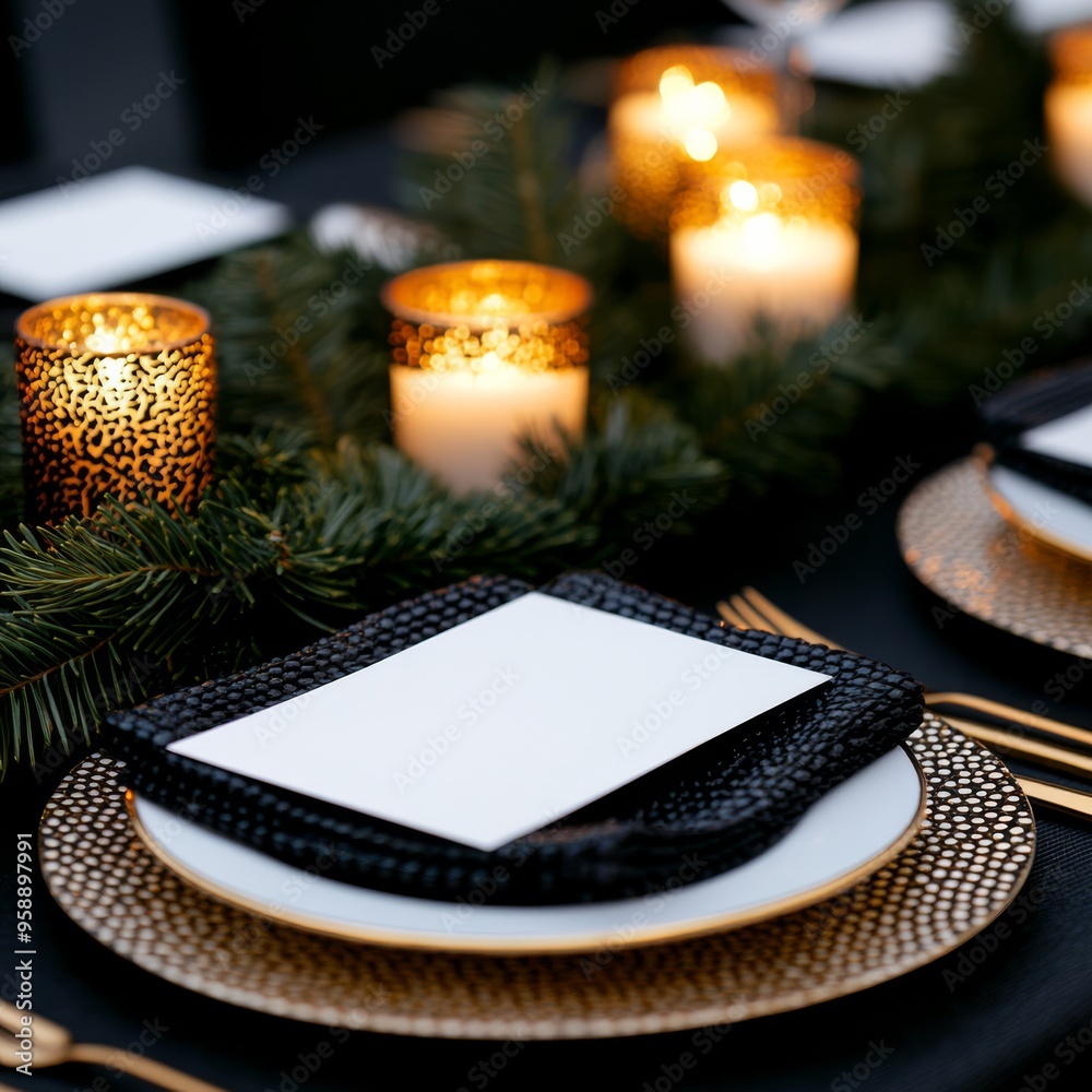 Wall mural Table setting with festive Christmas plates candles and greenery cozy and elegant warm lights in the background white and gold palette holiday dinner theme