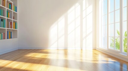 Obraz premium A bright, minimalist room with a bookshelf and large windows letting in natural light.