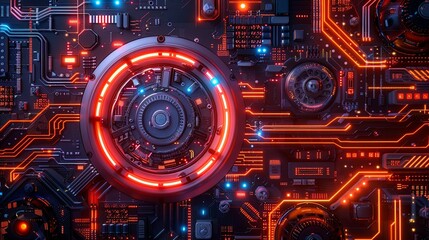 Futuristic Circuitry with Glowing Red Lines and Components