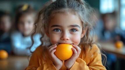 Fototapeta premium small school children sitting at the desk in classroom eating fruit