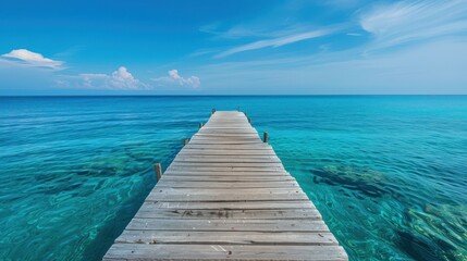 Fototapeta premium Serene Wooden Pier Extending into Crystal Clear Turquoise Ocean under a Bright Blue Sky with White Clouds